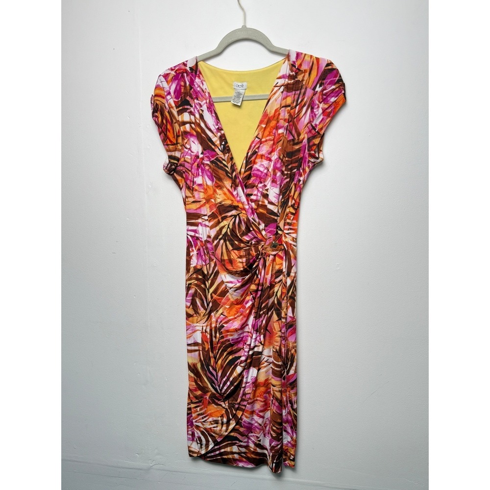 Cache Womens Tropical Palm Floral Faux Wrap Sheath‎ Dress Pink Orange Size L